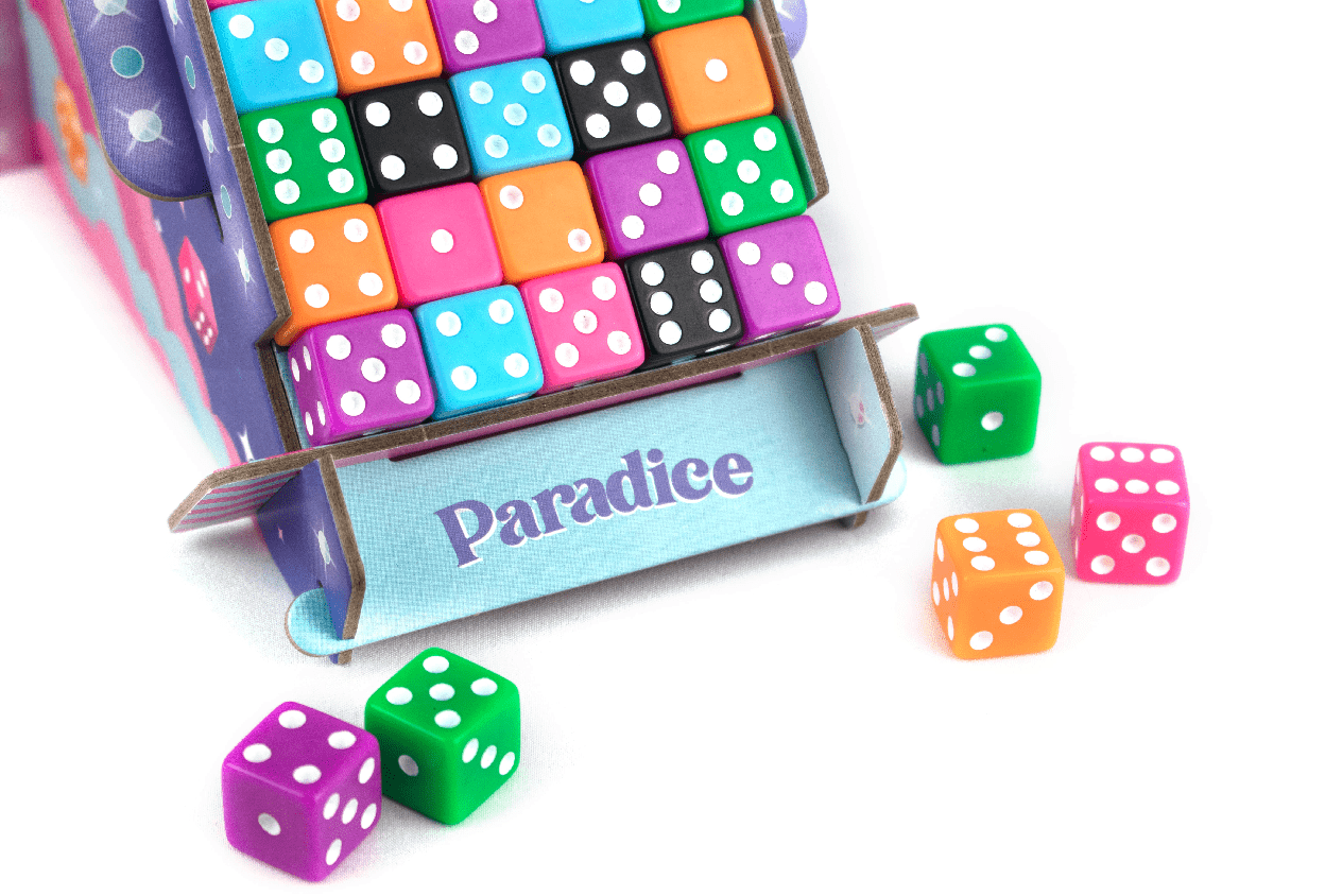 The Paradice dispenser loaded with 50 colorful dice