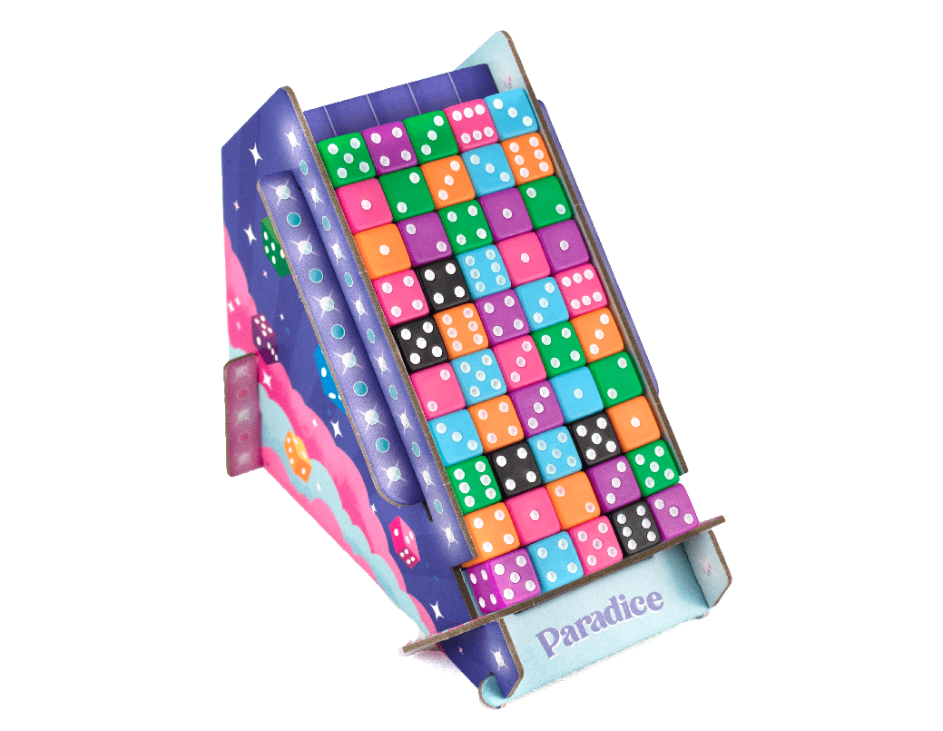 Close-up of the dispenser with loose dice